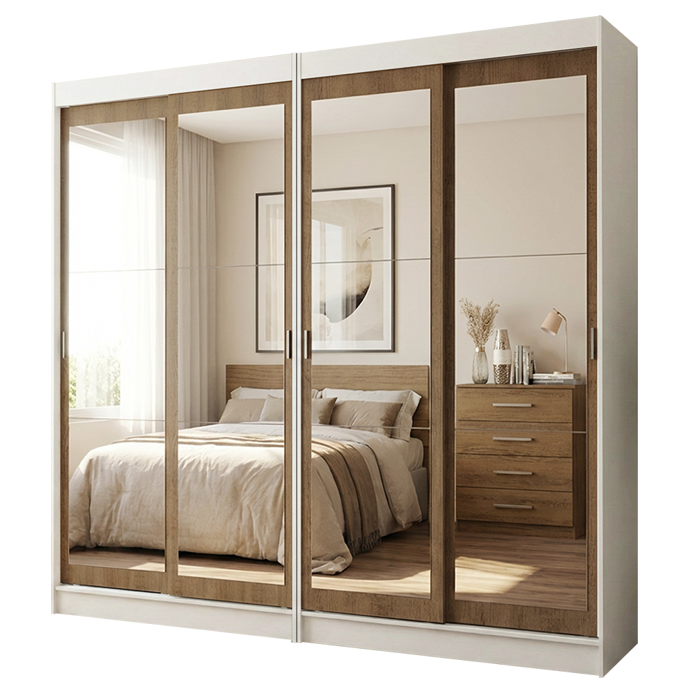 Conjunto de 2 Clósets 4 Puertas Corredizas con 4 Espejos Blanco/Marrón Tokio Madesa