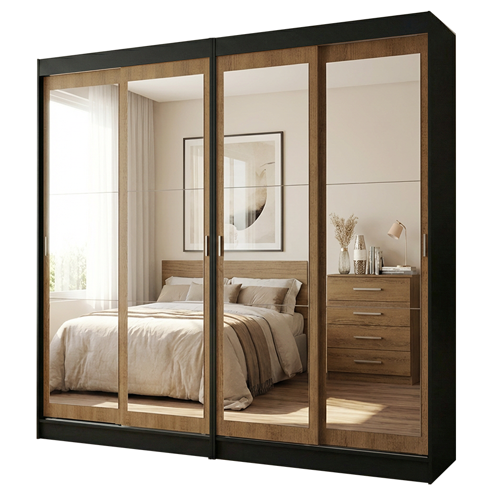Conjunto de 2 Clósets 4 Puertas Corredizas con 4 Espejos Negro/Marrón Tokio Madesa