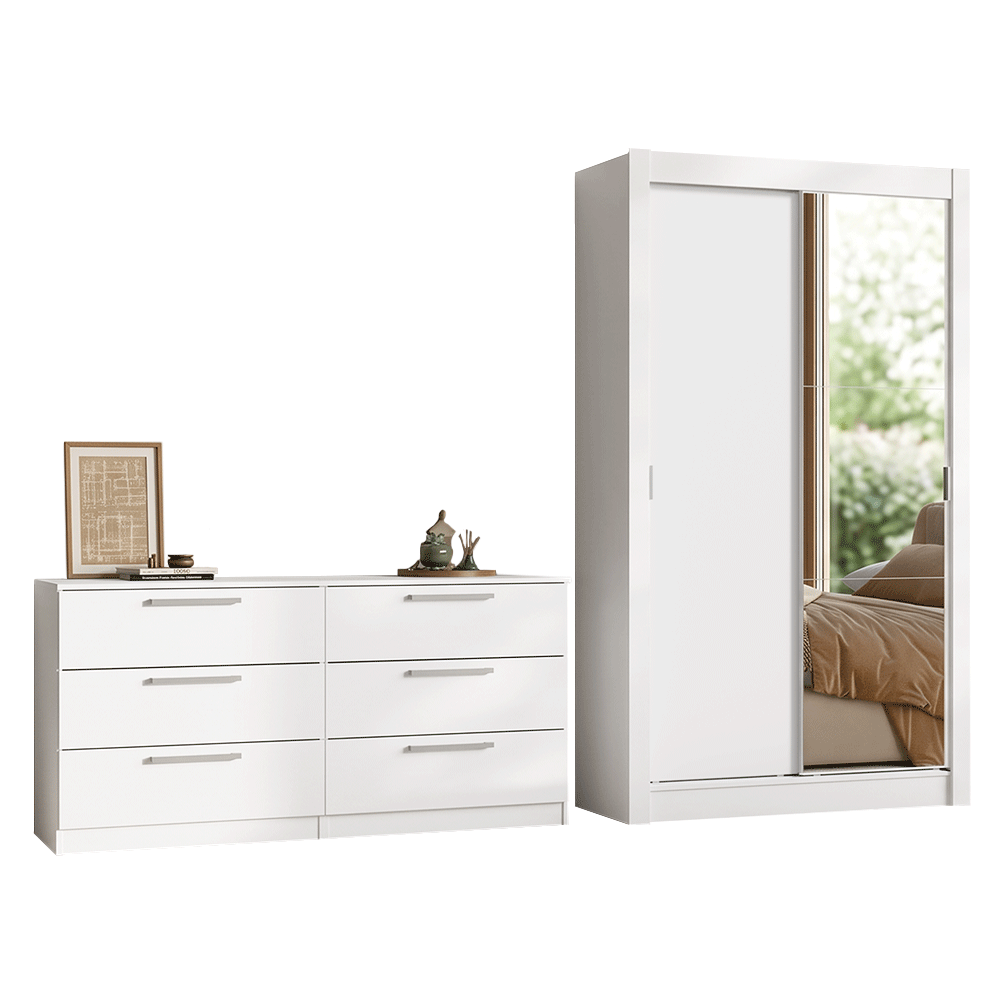 Conjunto de Recámara Individual con Clóset 2 Puertas con 1 Espejo y Cómoda Blanco Madesa