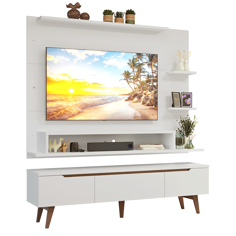 Mueble con Panel para TV hasta 60 Pulgadas 180 cm con patas Blanco/Marrón Reims Madesa