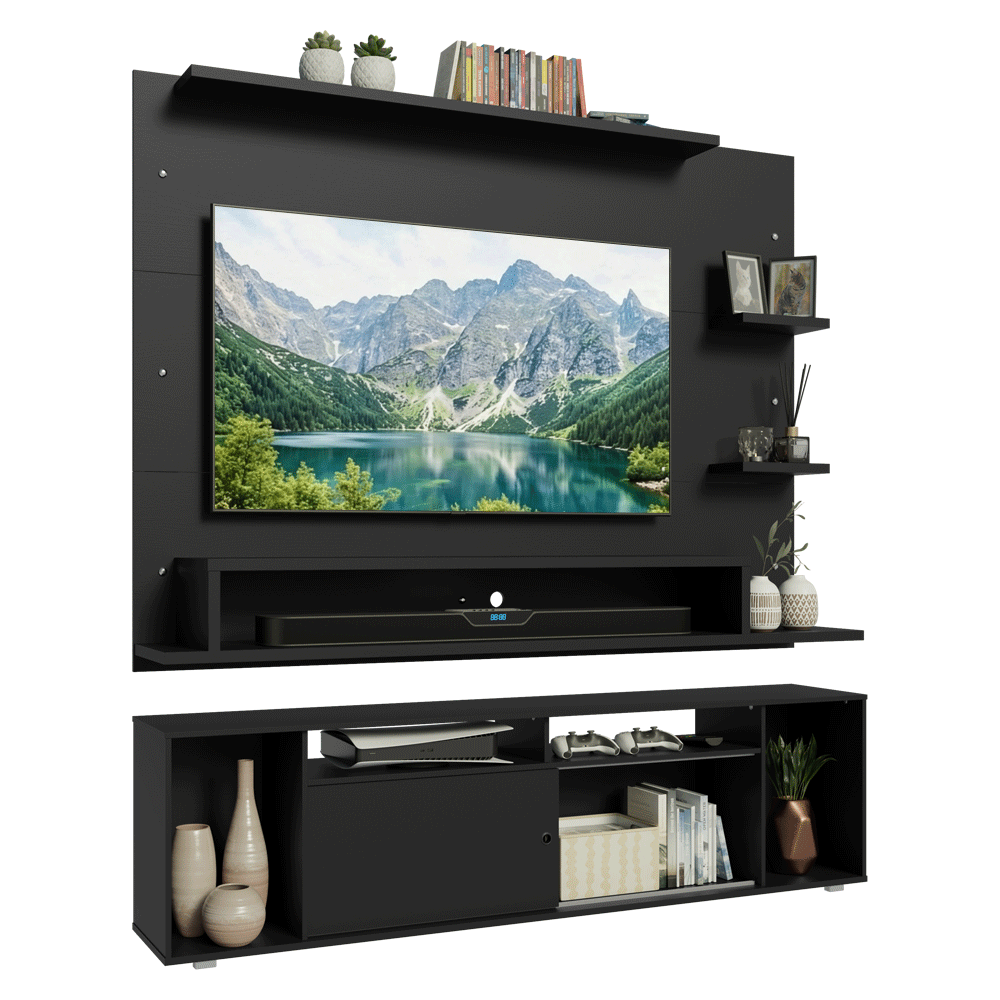 Mueble con Panel para TV hasta 60 Pulgadas 180 cm Negro Cancun Madesa