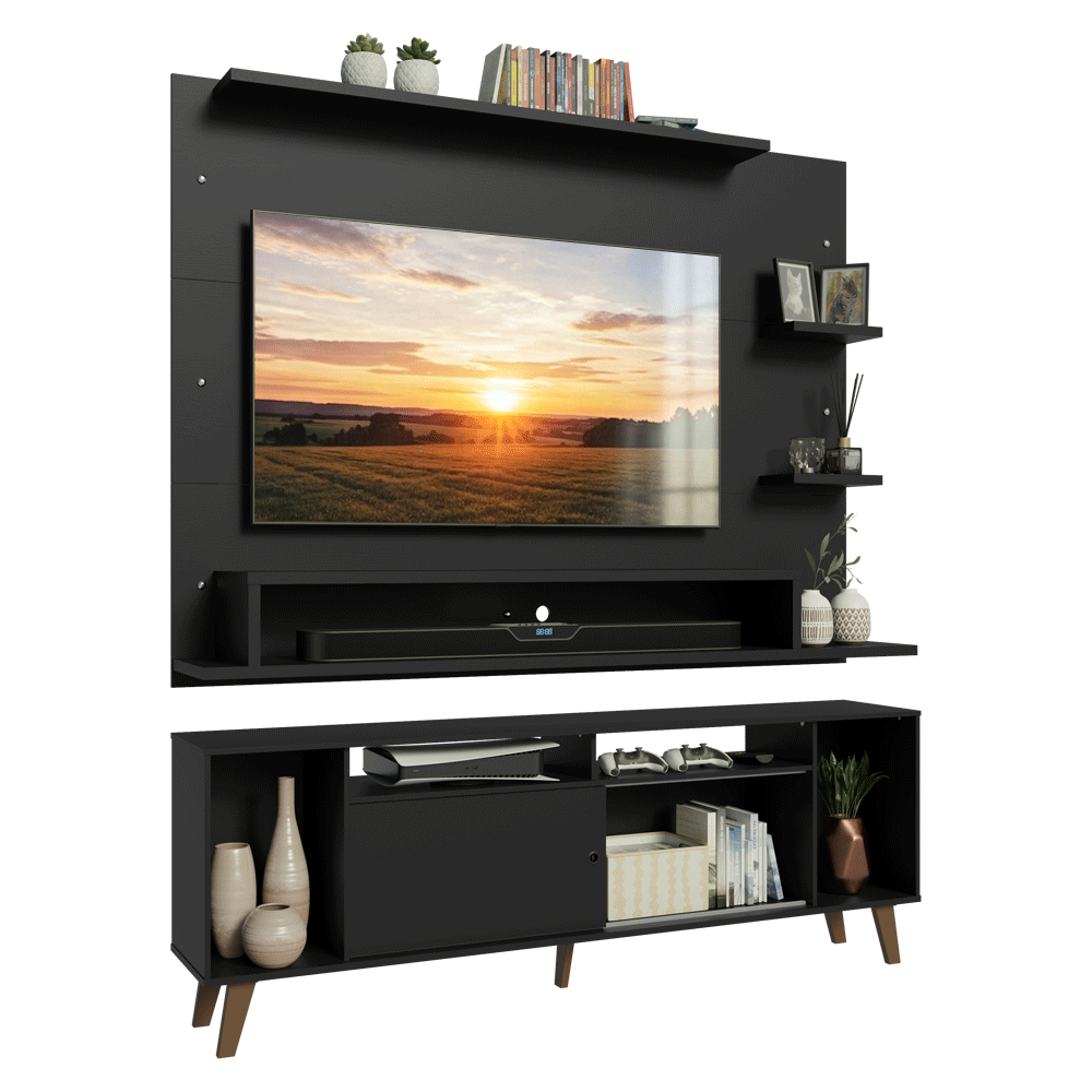 Mueble con Panel para TV hasta 60 Pulgadas 180 cm con patas Negro/Marrón Cancun Madesa