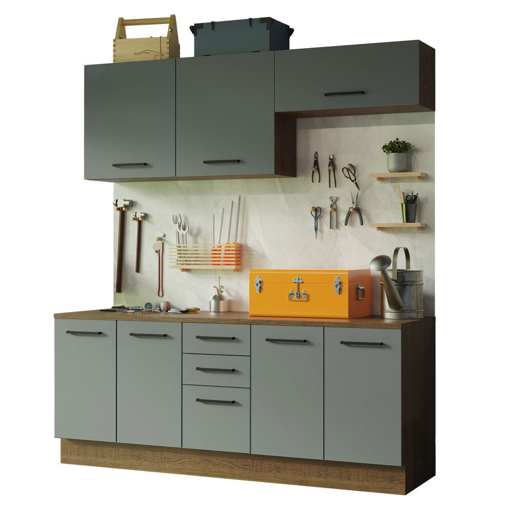 Kit Gabinete Bajo y Gabinete Superior Multiuso 200 cm Marrón/Gris Agata Madesa