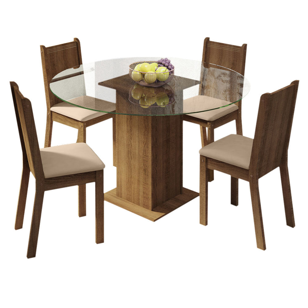 Conjunto de Comedor con Encimera Vidrio Circular 4 Sillas Marrón/Beige Paula Madesa