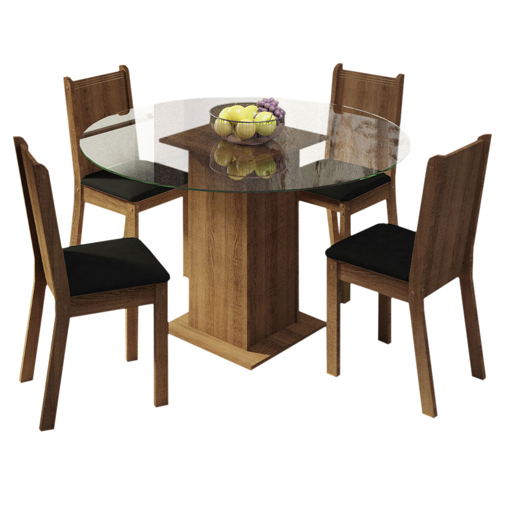 Conjunto de Comedor con Encimera Vidrio Circular 4 Sillas Marrón/Negro Paula Madesa