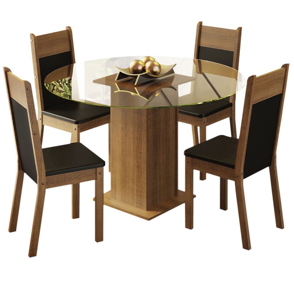 Conjunto de Comedor con Encimera Vidrio Circular 4 Sillas Marrón/Negro Ana Madesa