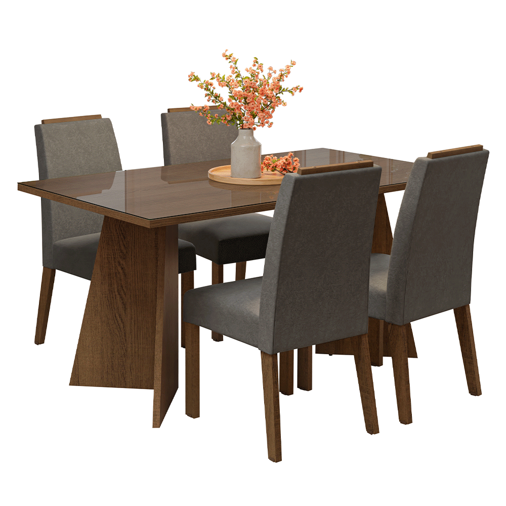 Conjunto de Comedor Encimera de Vidrio 4 Sillas Marrón/Silver Braga Madesa