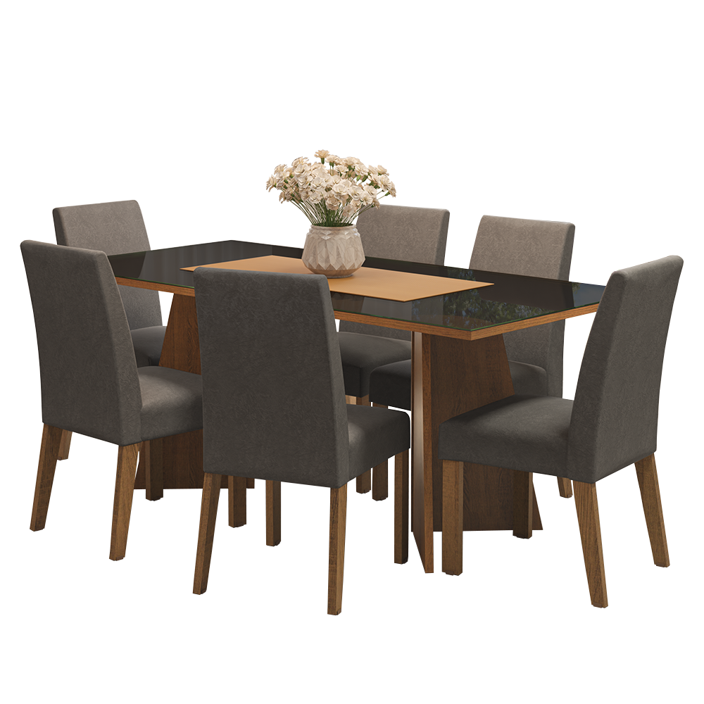 Conjunto de Comedor con Encimera Vidrio 6 Sillas Marrón/Negro/Silver Valerie Madesa
