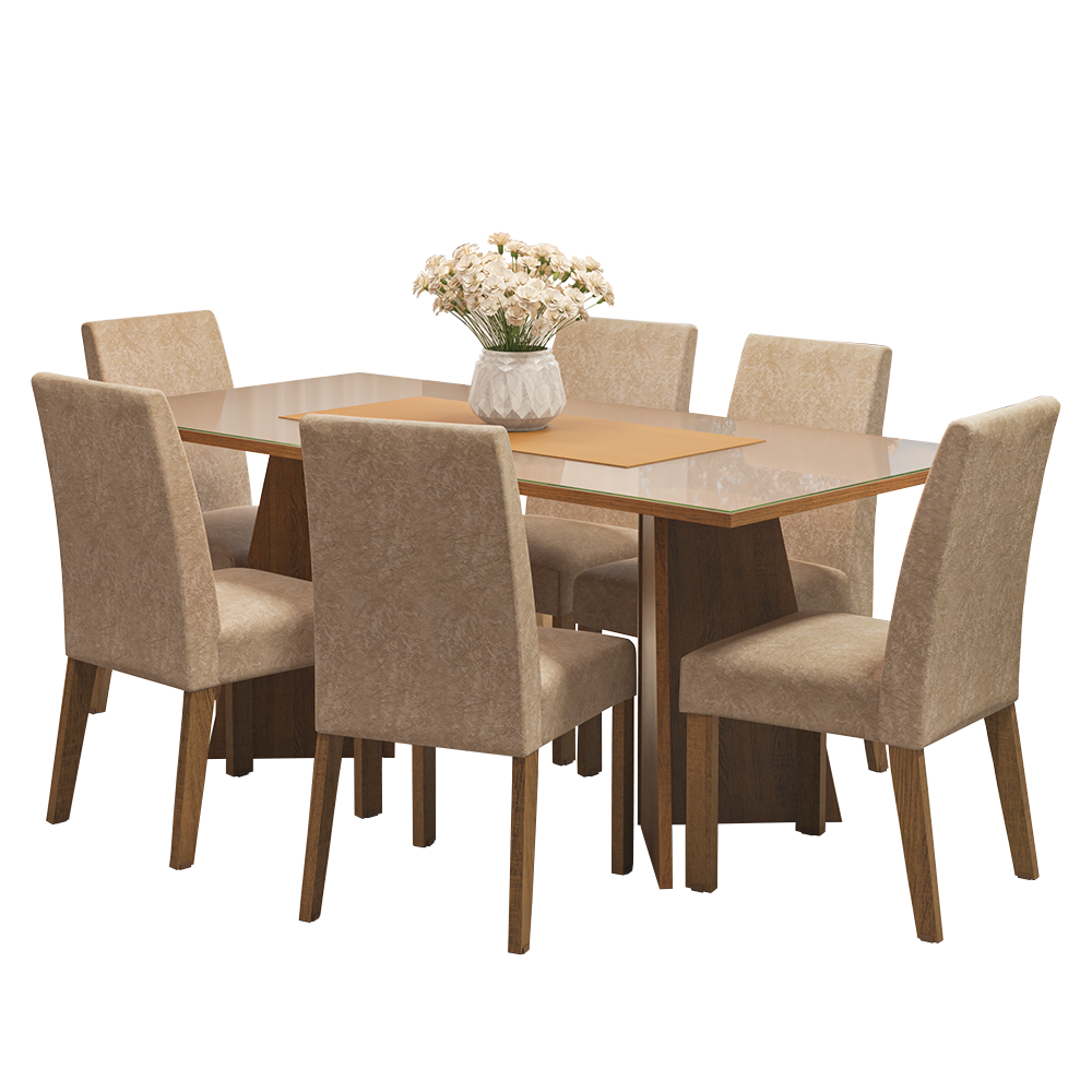 Conjunto de Comedor con Encimera Vidrio 6 Sillas Marrón/Crema/Imperial Valerie Madesa