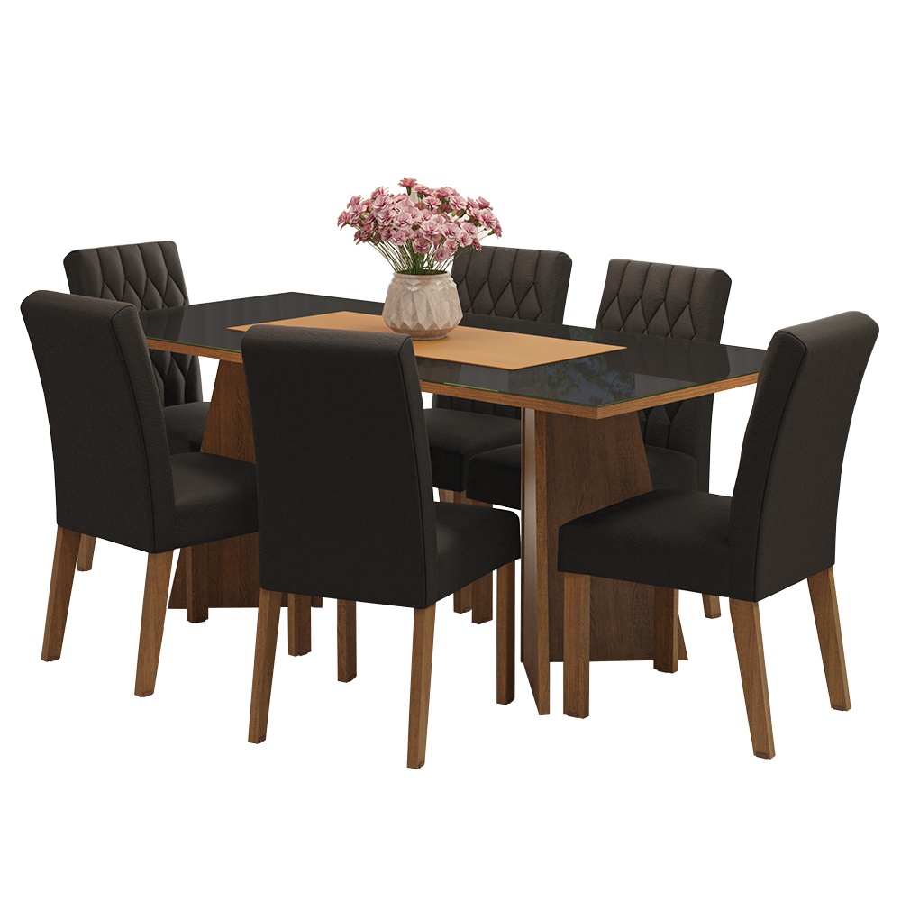 Conjunto de Comedor con Encimera Vidrio 6 Sillas Marrón/Negro/Oxford Marissa Madesa