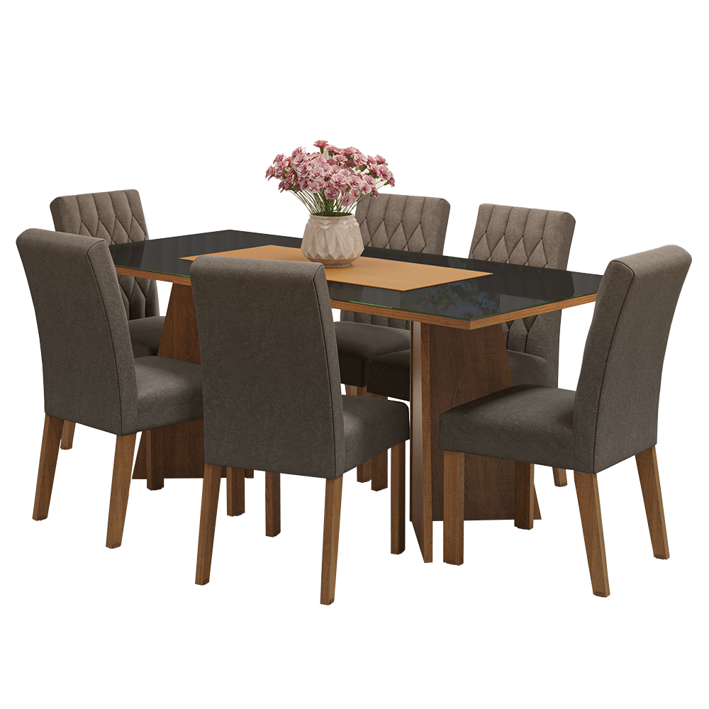 Conjunto de Comedor con Encimera Vidrio 6 Sillas Marrón/Negro/Silver Marissa Madesa
