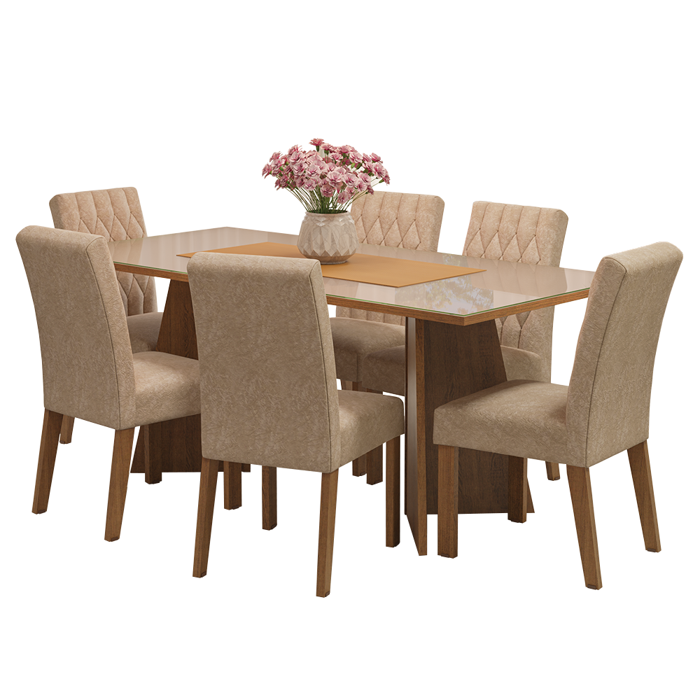 Conjunto de Comedor con Encimera Vidrio 6 Sillas Marrón/Crema/Imperial Marissa Madesa