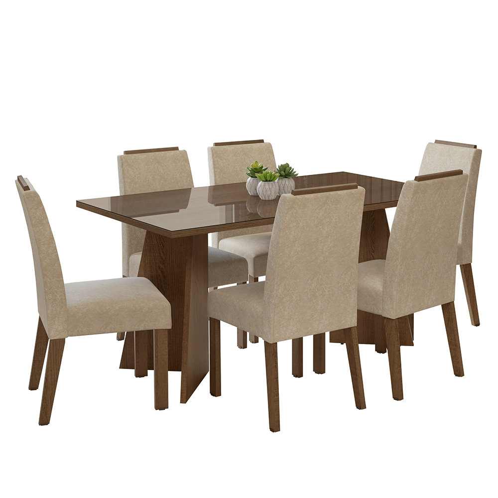 Conjunto de Comedor Encimera de Vidrio 6 Sillas Marrón/Crema Madrid Madesa