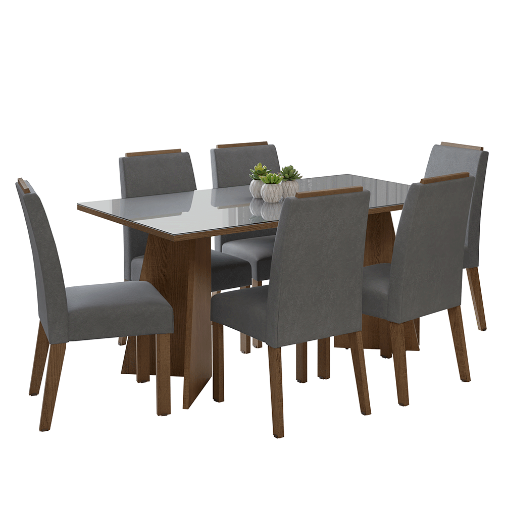 Conjunto de Comedor Encimera de Vidrio 6 Sillas Marrón/Gris/Silver Madrid Madesa