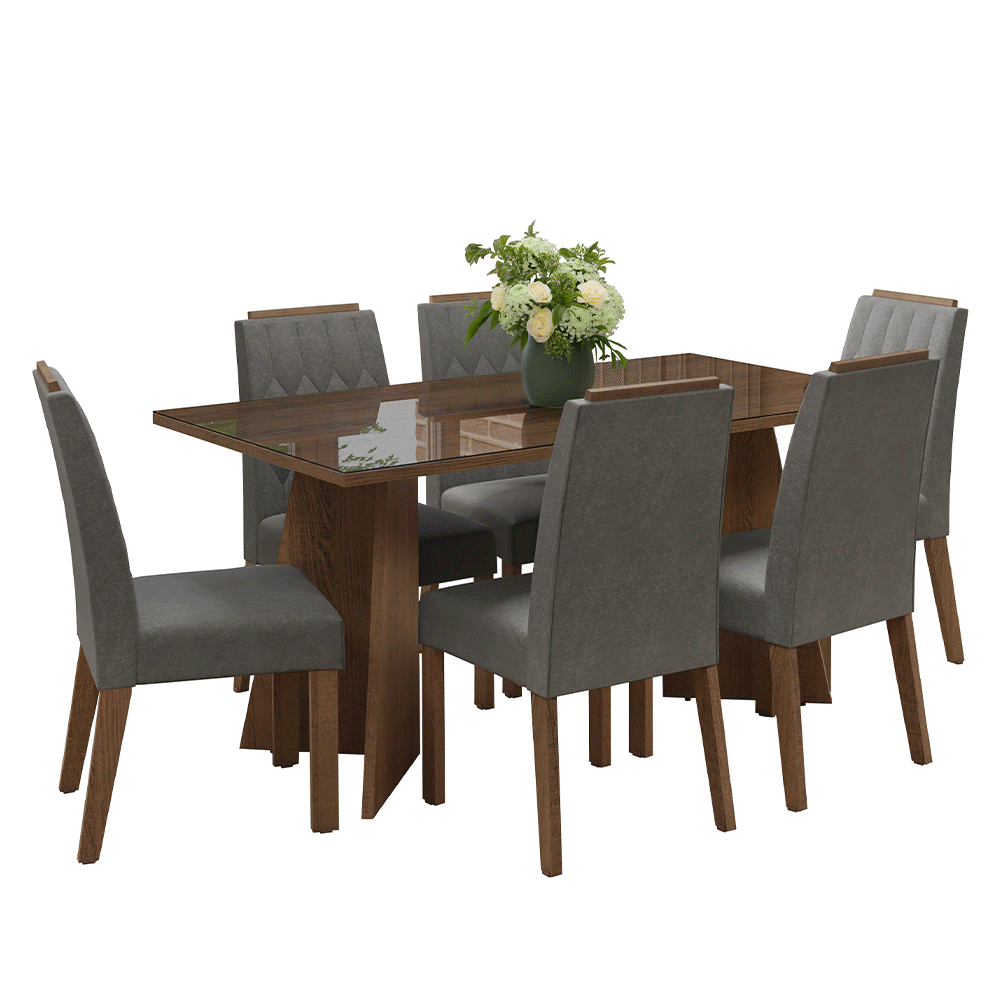 Conjunto de Comedor Encimera de Vidrio 6 Sillas Marrón/Silver Sintra Madesa