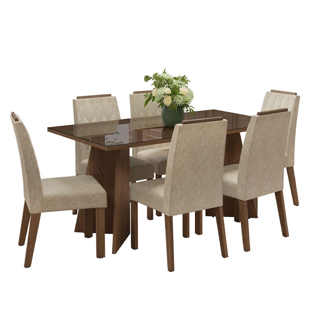 Conjunto de Comedor Encimera de Vidrio 6 Sillas Marrón/Imperial Sintra Madesa