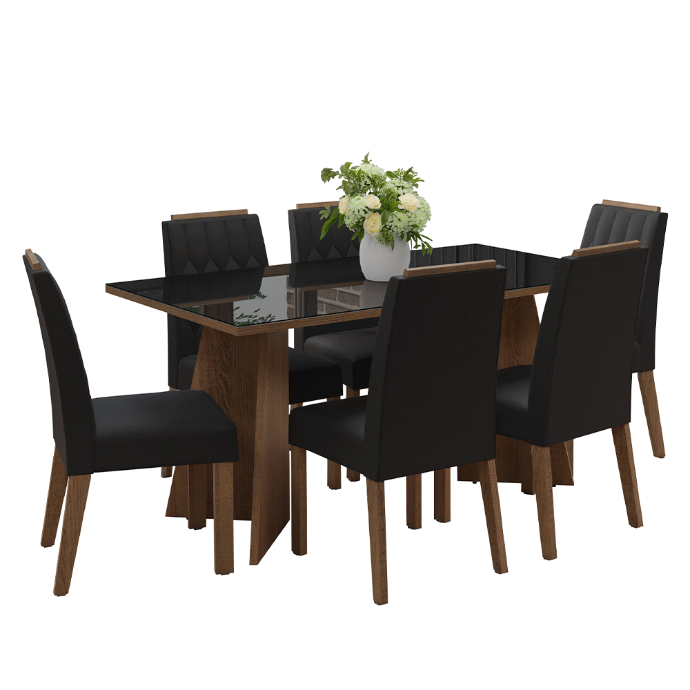 Conjunto de Comedor Encimera de Vidrio 6 Sillas Marrón/Negro/Oxford Sintra Madesa