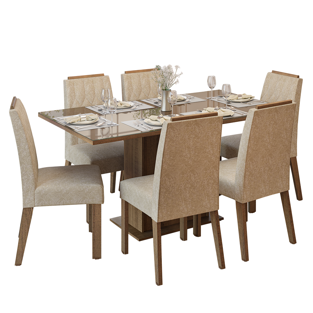 Conjunto de Comedor Encimera de Vidrio 6 Sillas Marrón/Imperial Azaleia Madesa