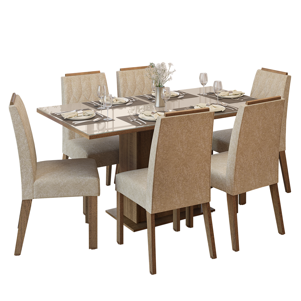 Conjunto de Comedor Encimera de Vidrio 6 Sillas Marrón/Crema/Imperial Azaleia Madesa