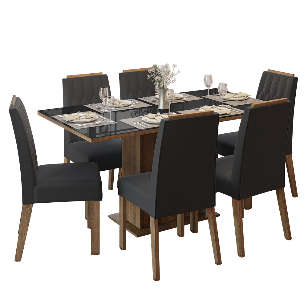 Conjunto de Comedor Encimera de Vidrio 6 Sillas Marrón/Negro/Oxford Azaleia Madesa