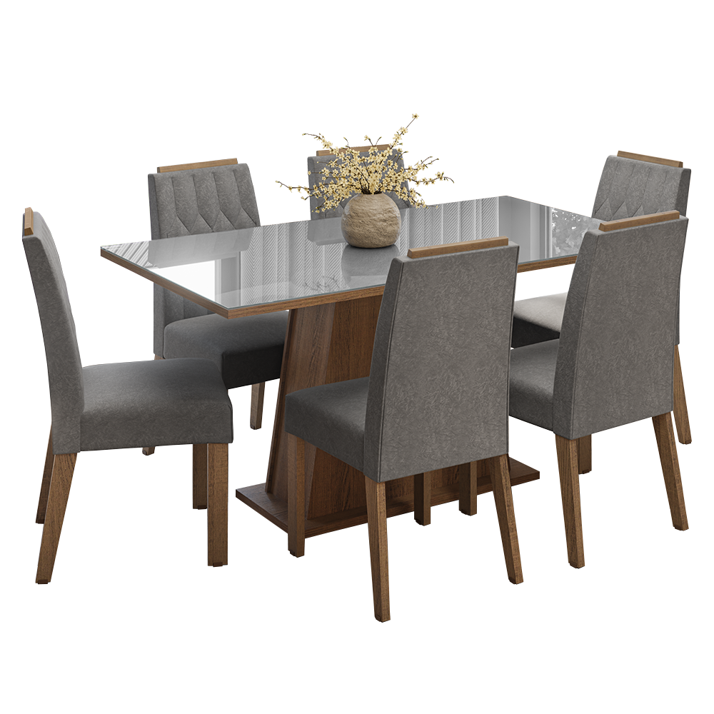 Conjunto de Comedor Encimera de Vidrio 6 Sillas Marrón/Gris/Silver Peônia Madesa