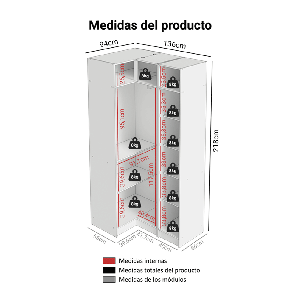 Clóset Modular Esquinero 230 cm 3 Puertas Blanco Neo Madesa