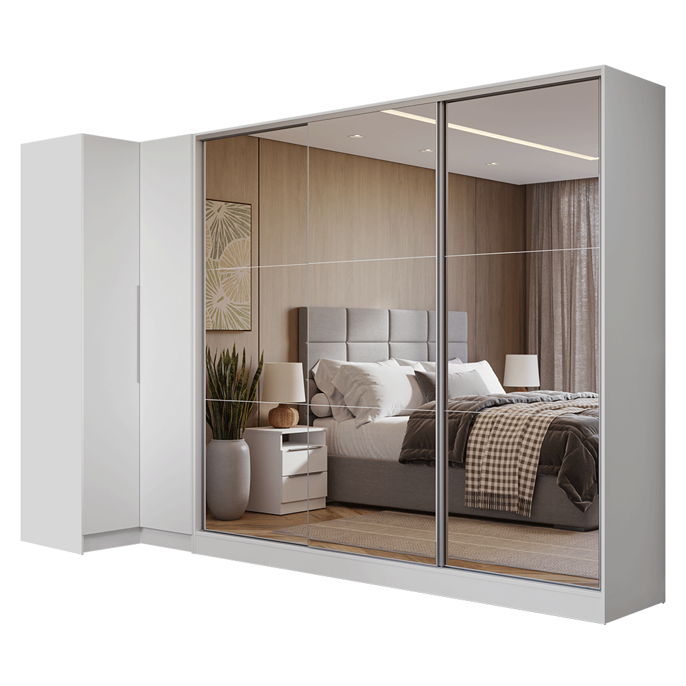 Kit Clóset Esquinero Modular y Clóset Matrimonial 3 Puertas Corredizas con 3 Espejos Blanco Neo Madesa