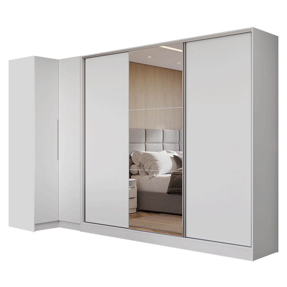 Kit Clóset Esquinero Modular y Clóset Matrimonial 3 Puertas Corredizas con 1 Espejo Blanco Neo Madesa
