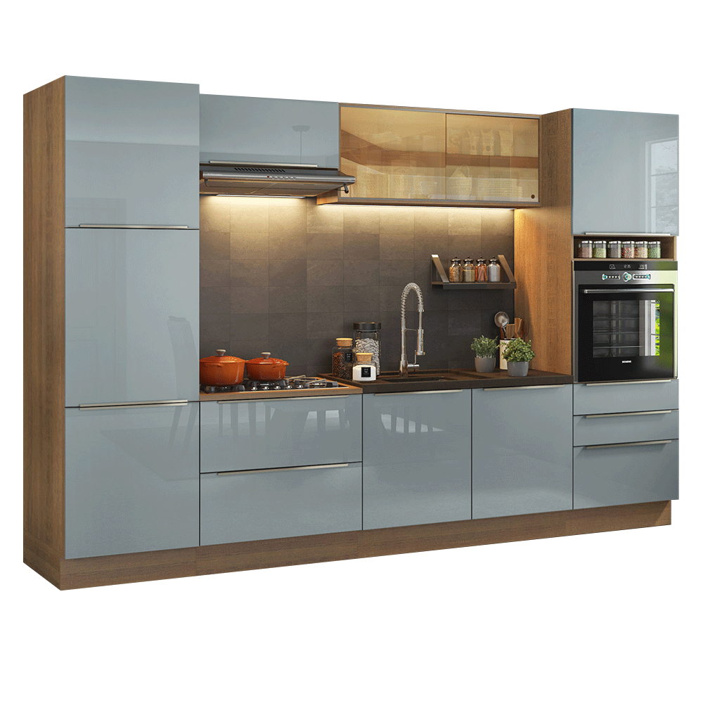 Cocina Integral 320 x 60 cm 9 Puertas 5 Cajones Con Mueble para Horno Marrón/Gris Lux Madesa 01