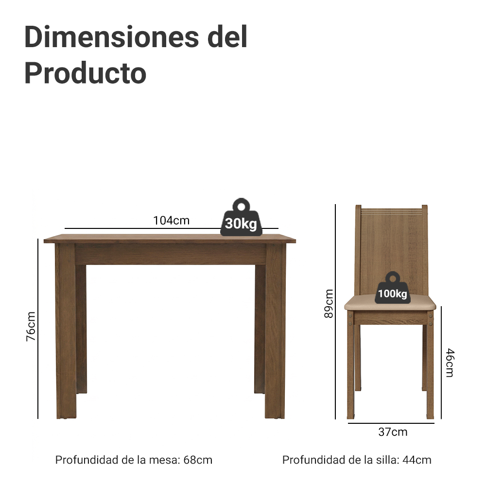 Juego de Comedor Mesa de Madera + 4 Sillas Color Marrón Tapizadas en Tela Sintética Beige Madesa Rute