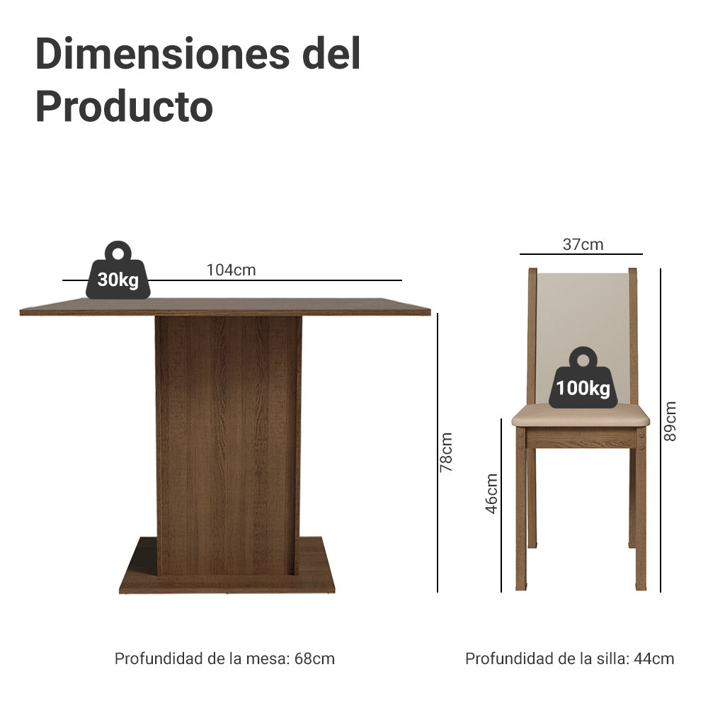 Juego de Comedor Madesa con Mesa de Madera y 4 Sillas Marrón/Crema con Tapizado en Tela Sintética Beige Talita
