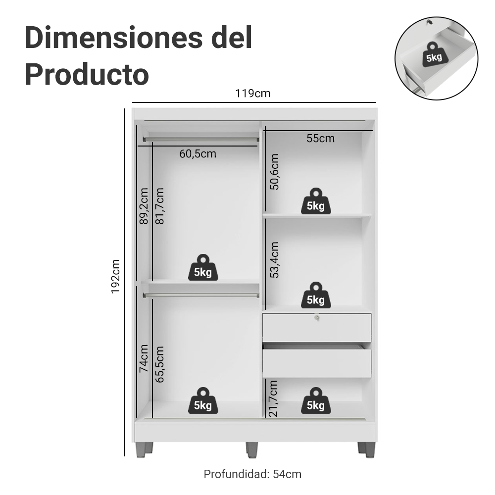 Clóset Soltero Luke 2 Puertas Corredizas 1 con Espejo y Pies Blanco