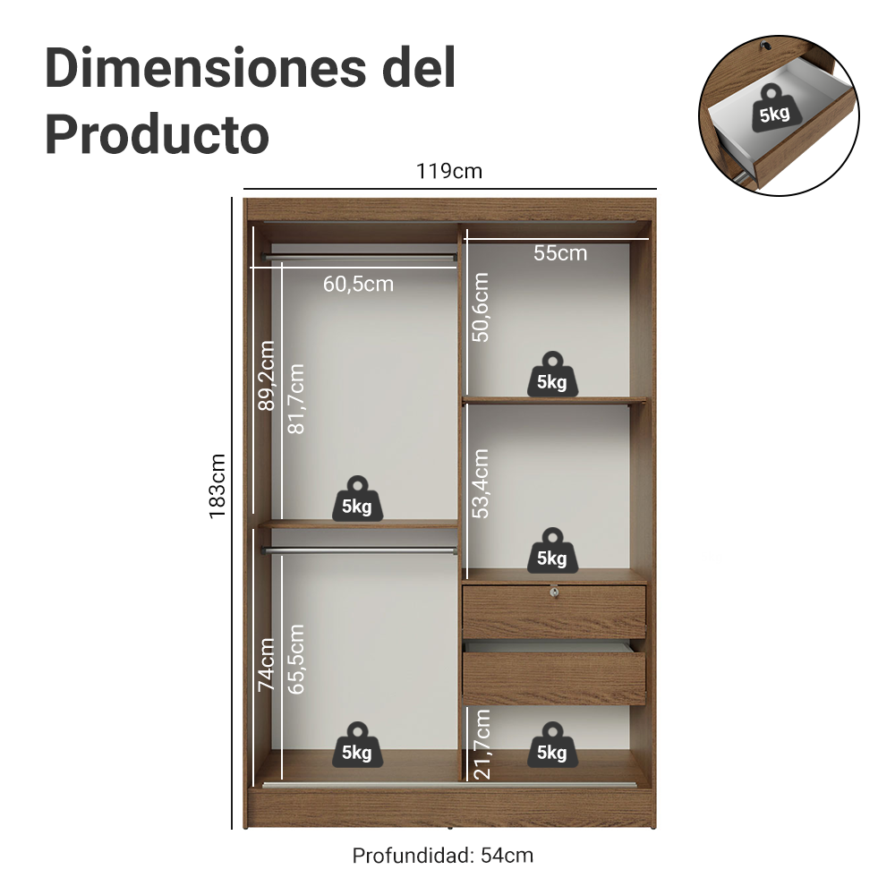 Clóset Soltero 2 Puertas Corredizas 1 Puerta Con Espejo Luke