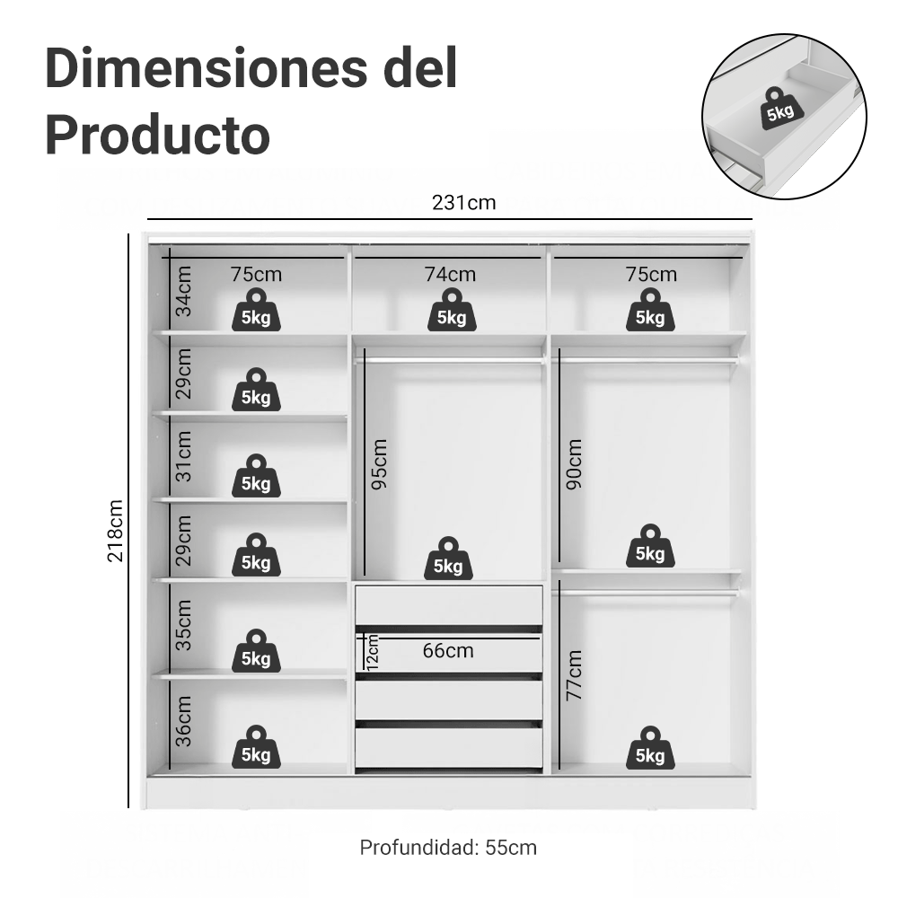 Clóset Matrimonial con Espejo Royale 3 Puertas Correderas Blanco 100% MDF