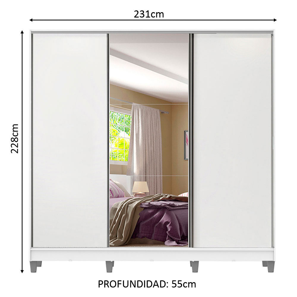 Clóset Matrimonial 231 cm 3 Puertas Corredizas Con 1 Espejo 100% MDF Blanco Royale Madesa