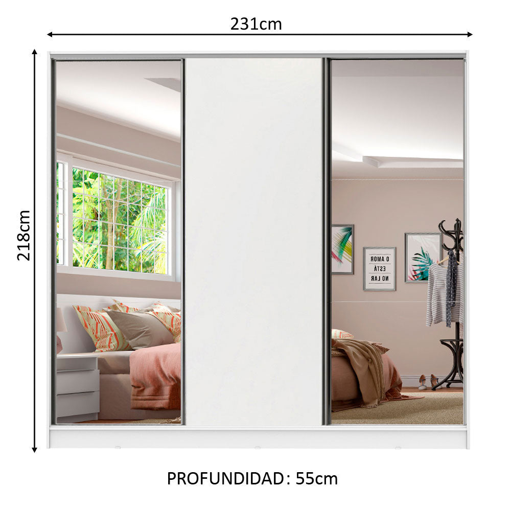 Clóset Matrimonial 231 cm 3 Puertas Corredizas Con 2 Espejos 100% MDF Blanco Royale Madesa