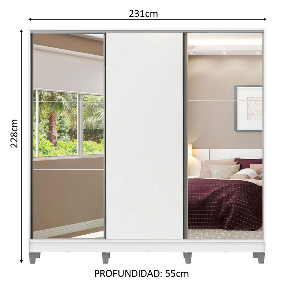 Clóset Matrimonial 100% MDF Royale 3 Puertas Correderas con Espejos con Patas Blanco