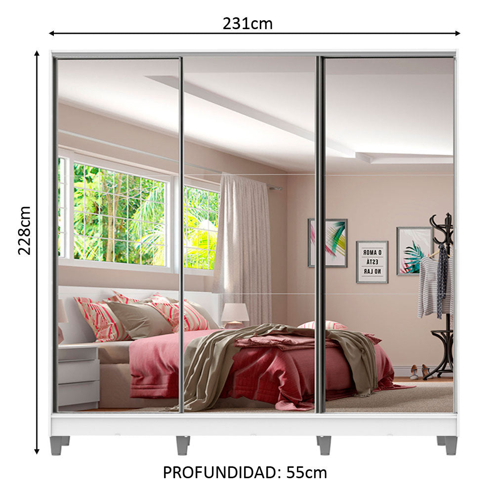 Clóset Matrimonial 100% MDF Royale 3 Puertas Correderas de Espejo con Patas Blanco