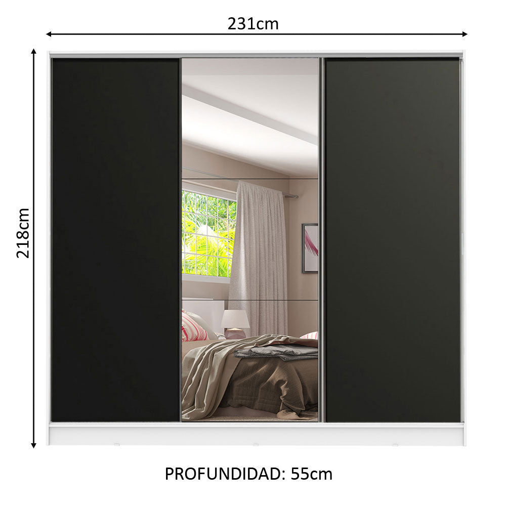 Clóset Matrimonial 100% MDF Royale 3 Puertas Corredizas con Espejo Blanco/Negro