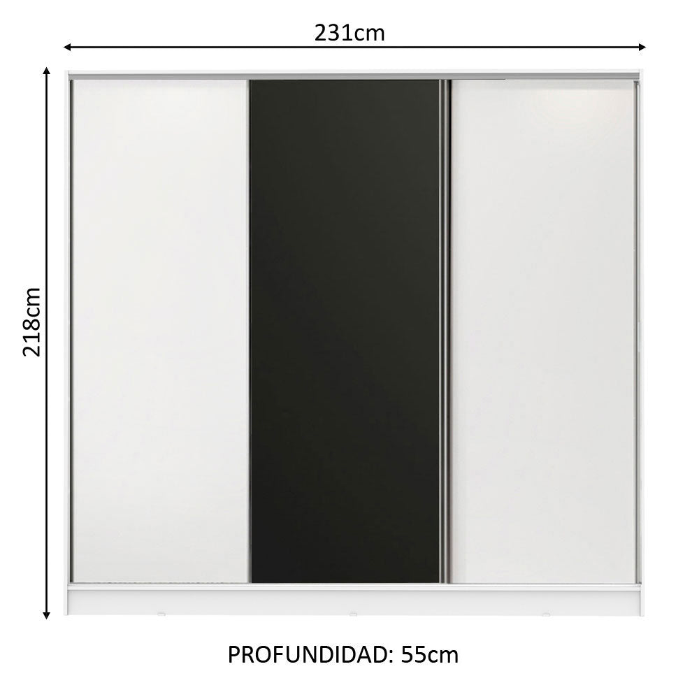 Clóset Matrimonial 100% MDF Royale 3 Puertas Corredizas Blanco/Blanco/Negro