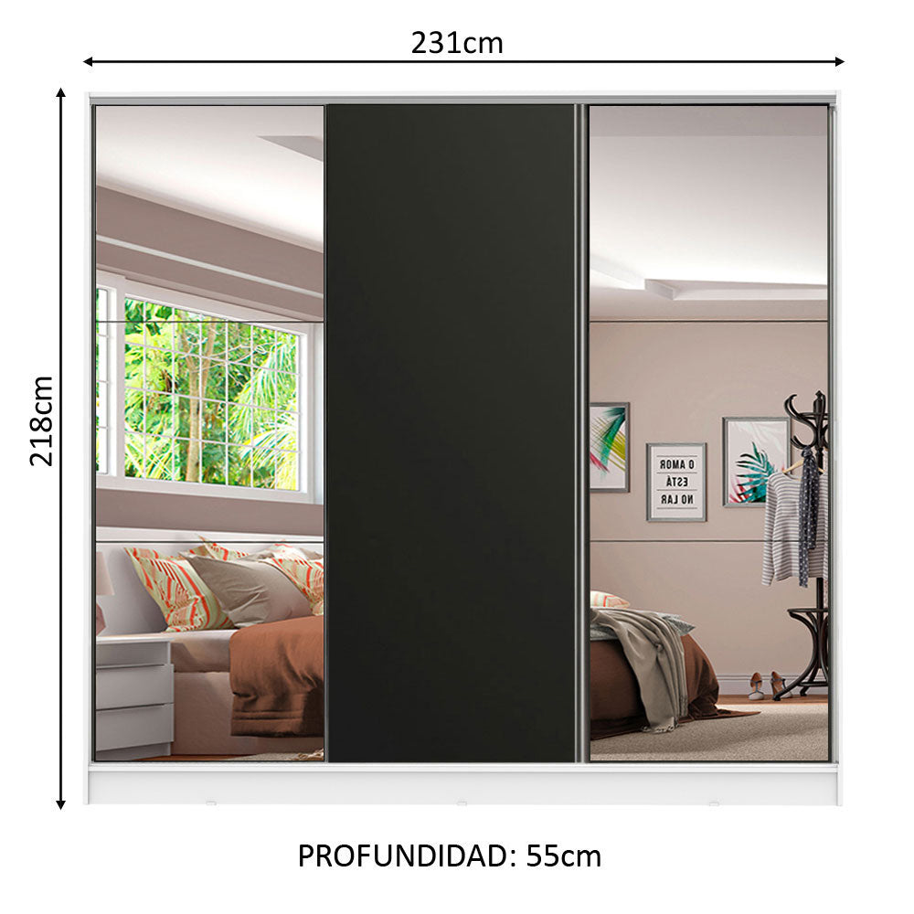 Clóset Matrimonial 231 cm 3 Puertas Corredizas Con 2 Espejos 100% MDF Blanco/Negro Royale Madesa