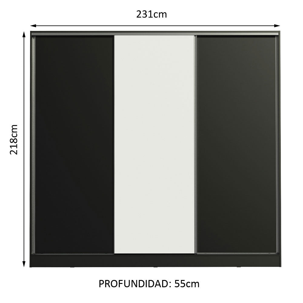 Clóset Matrimonial 100% MDF Royale 3 Puertas Corredizas Negro/Negro/Blanco