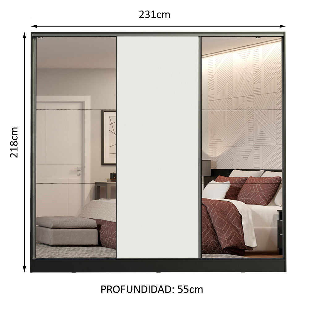 Clóset Matrimonial 231 cm 3 Puertas Corredizas Con 2 Espejos 100% MDF Negro/Blanco Royale Madesa