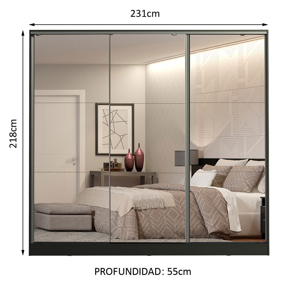Clóset Matrimonial 100% MDF Royale 3 Puertas Corredizas de Espejo Negro