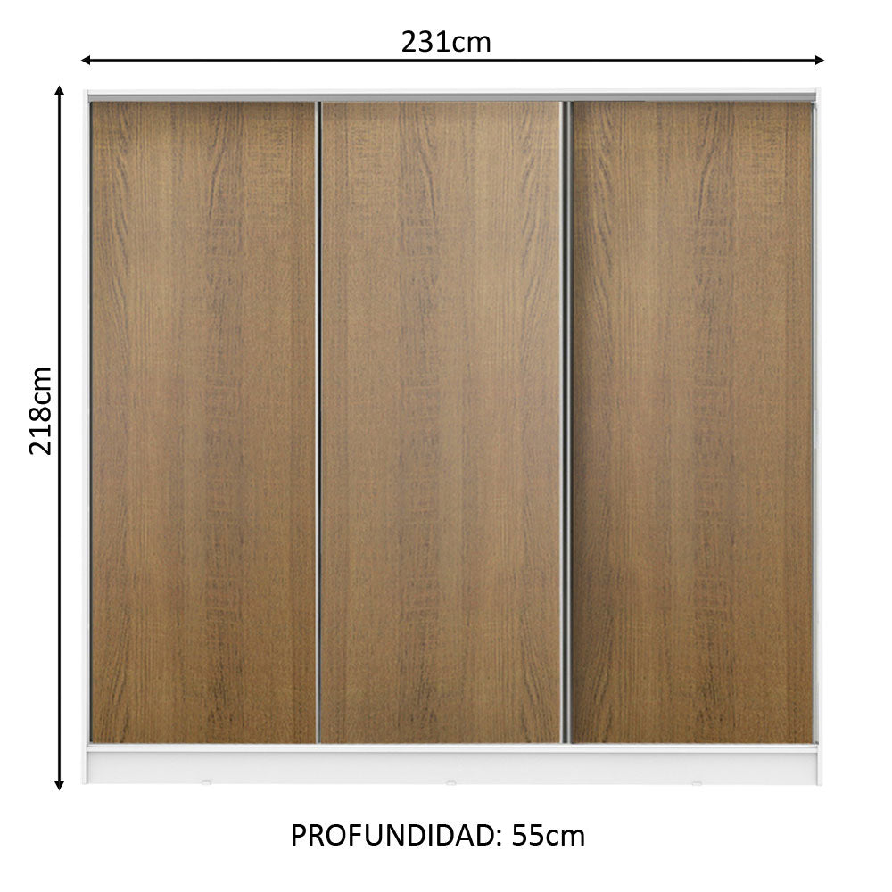 Clóset Matrimonial 231 cm 3 Puertas Corredizas 100% MDF Blanco/Marrón Royale Madesa