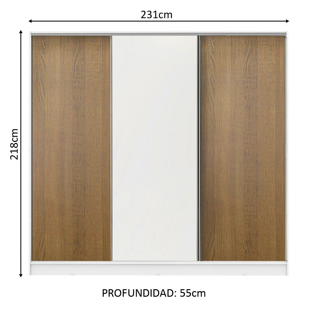 Clóset Matrimonial 231 cm 3 Puertas Corredizas 100% MDF Blanco/Marrón Royale Madesa