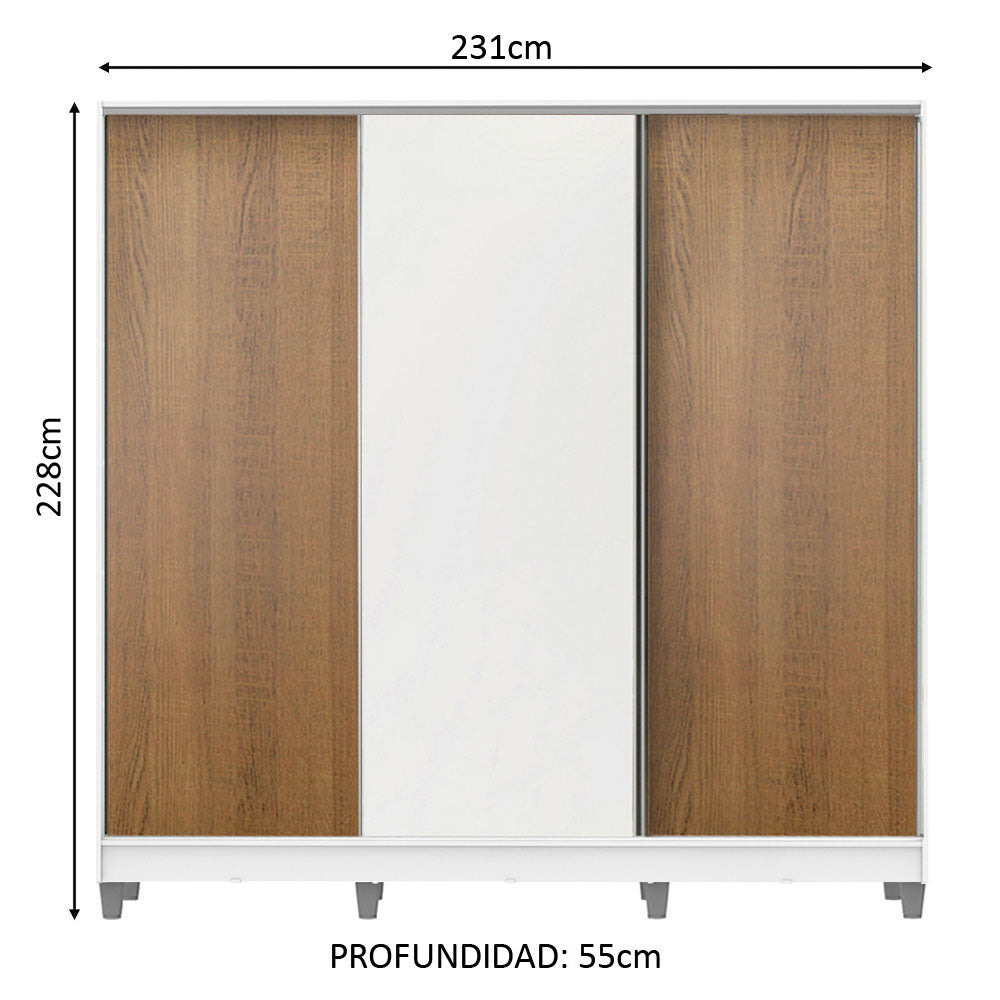 Clóset Matrimonial 100% MDF Royale 3 Puertas Correderas con Patas Blanco/Marrón/Blanco