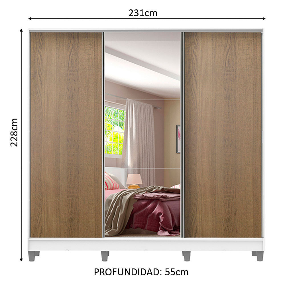 Clóset Matrimonial 231 cm 3 Puertas Corredizas Con 1 Espejo 100% MDF Blanco/Marrón Royale Madesa