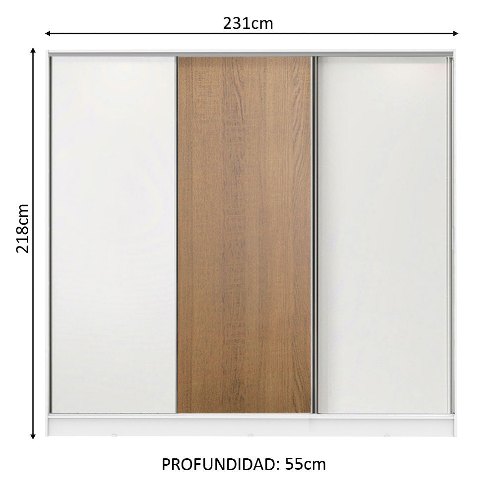 Clóset Matrimonial 231 cm 3 Puertas Corredizas 100% MDF Blanco/Marrón Royale Madesa