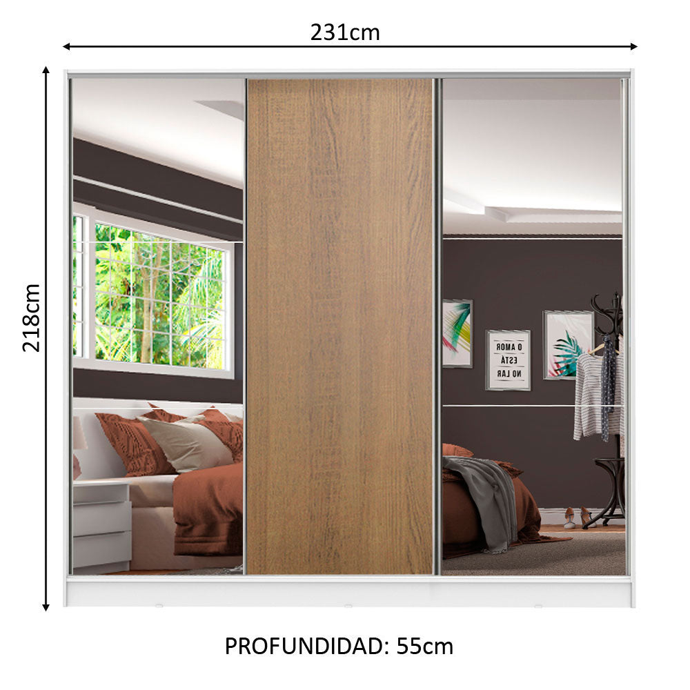 Clóset Matrimonial 231 cm 3 Puertas Corredizas Con 2 Espejos 100% MDF Blanco/Marrón Royale Madesa